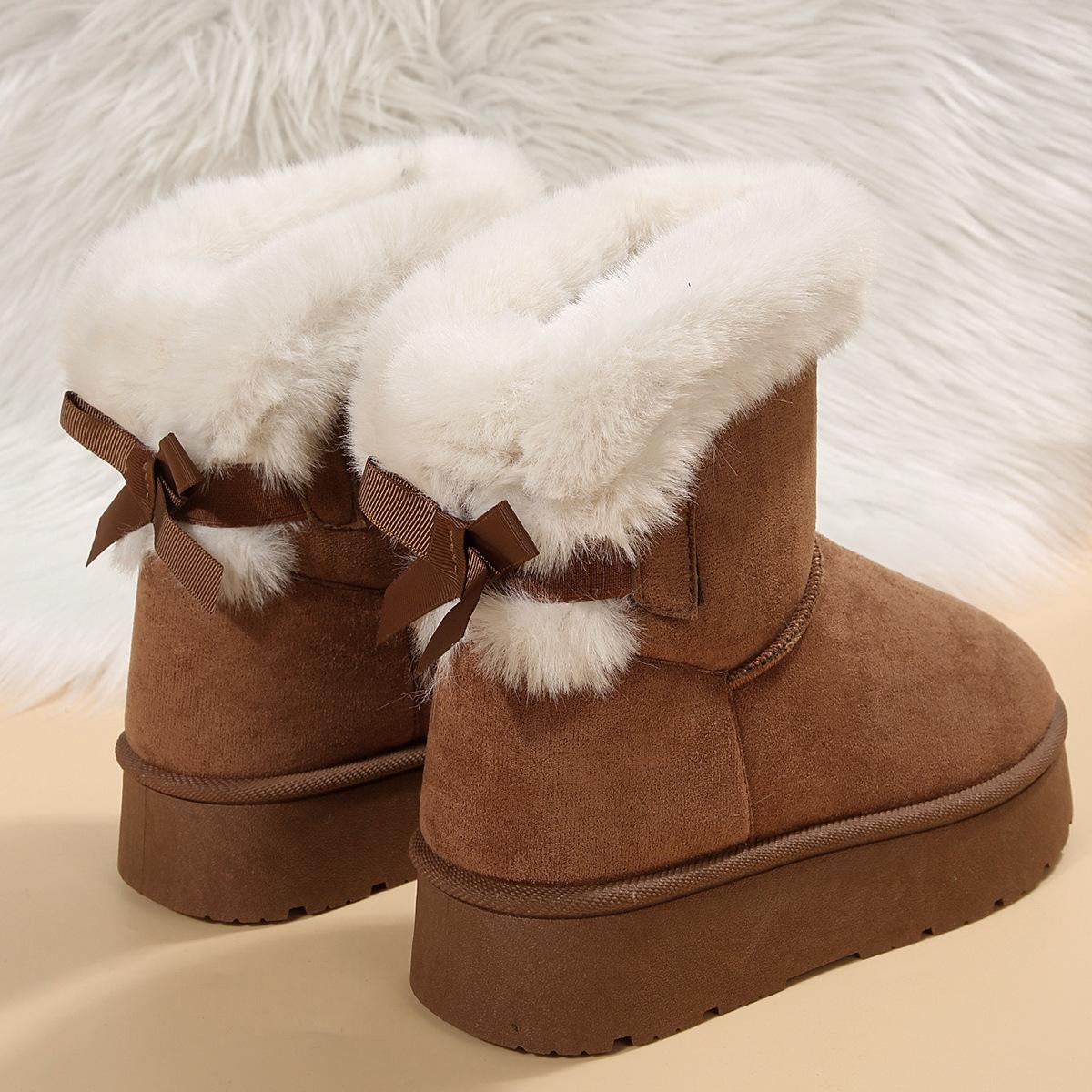 

Fashion Snow boots women 2025 winter plush and thick fur boots suede bow thick bottom sleeve short boots 41 малиновый