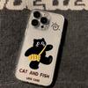Cute Black Cat & Fish Clear Phone Case, Cartoon Animal Shockproof Cover for iPhone