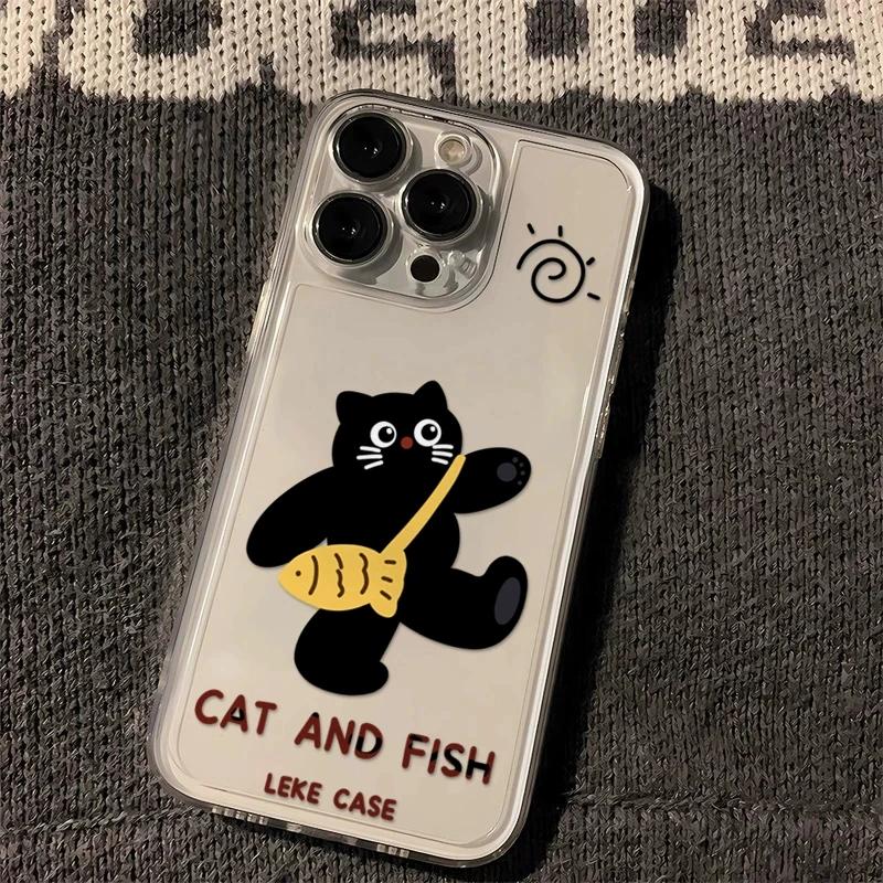 Cute Black Cat & Fish Clear Phone Case, Cartoon Animal Shockproof Cover for iPhone
