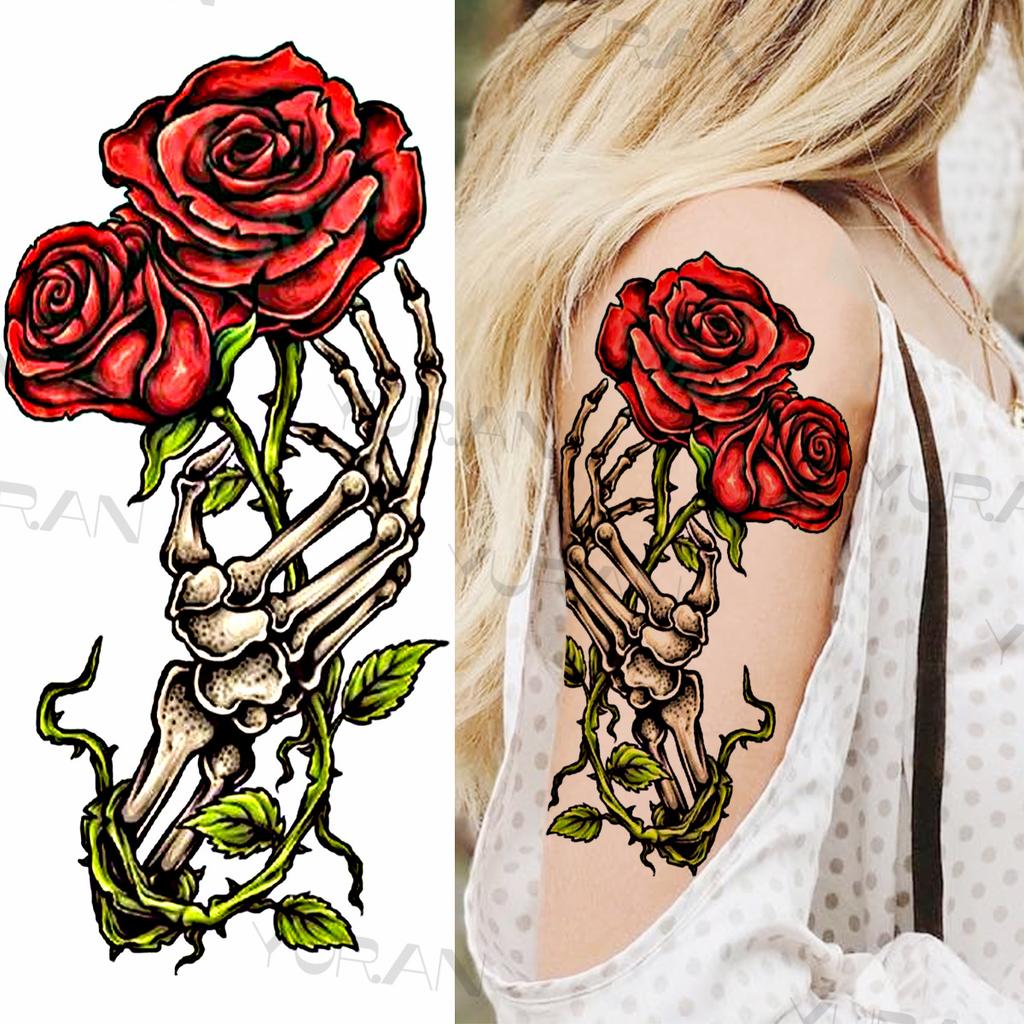 Large Colorful Rose Flower Temporary Tattoos For Girls Women Anchor Fake Gemstone Pendant Tattoo Paste Arm Body Tatoos Creative