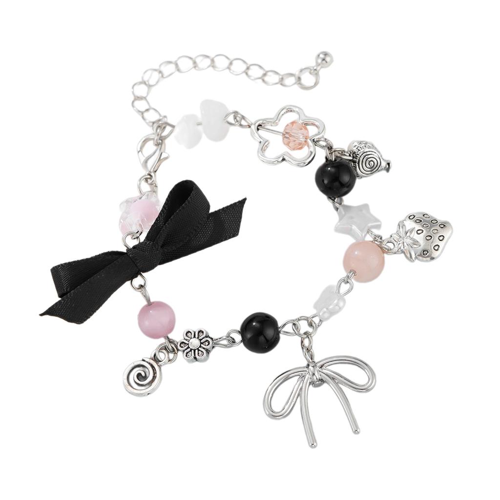 Faux Pearls Beaded Bracelet with Bowknot Pendant Butterfly Knot Charm Wristchain Adjustable Length Handchain Ornament