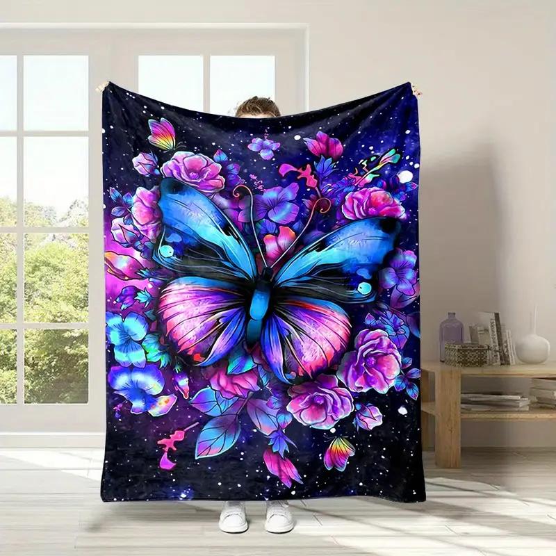 A Colorful Butterfly Print Flannel Blanket Suitable for Bedding, Office, Home, Camping, Warming, Sofa, Bed, Christmas Halloween
