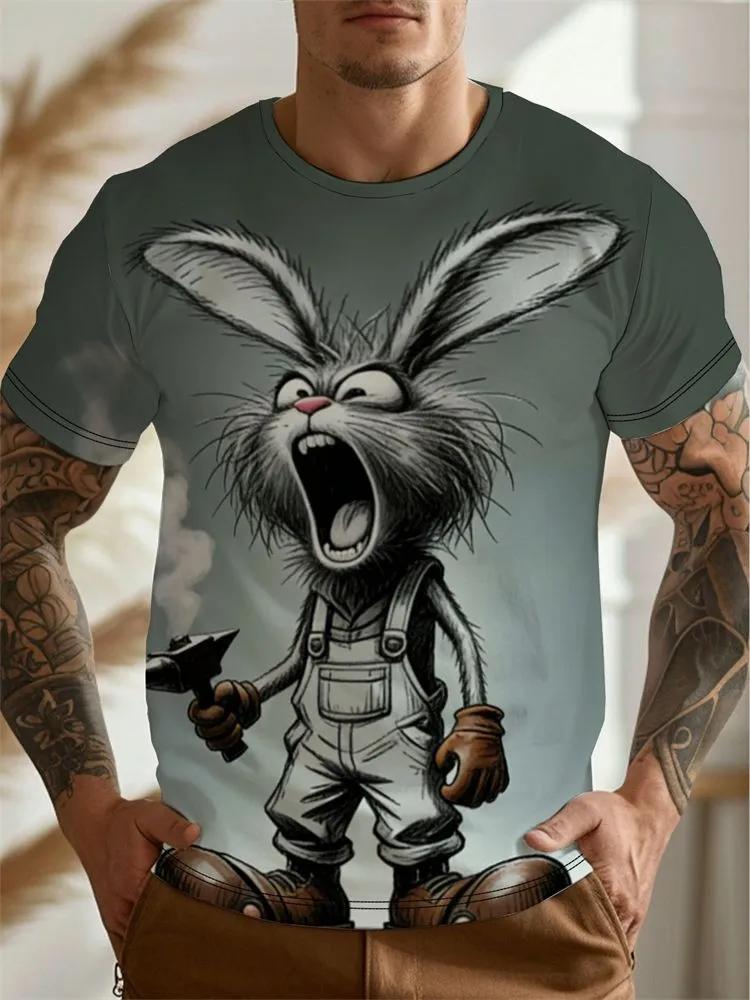 T-shirt da uomo con stampa coniglio pazzo meccanico, divertente coniglietto cartone animato manica corta casual streetwear