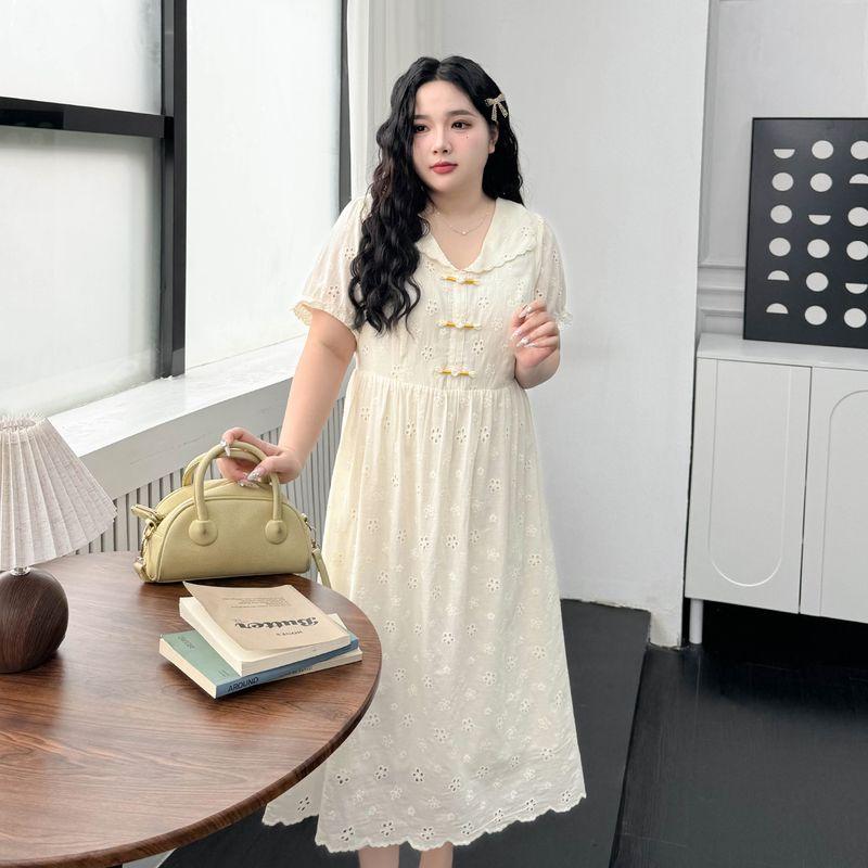 Plus size women clothing [French style Beautiful Long dress] Doll Collar Hollow Embroidered 100.00kg Slimming Buckle Full Body Dress