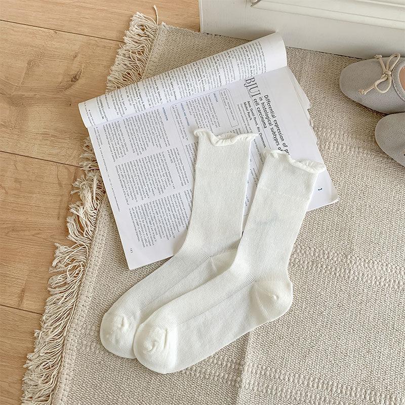 White Curled Socks Women'S Ins Wind Ultra-Thin Boneless Breathable Stacking Socks Solid Color Japanese Basic Jk Socks Medium Tube Socks