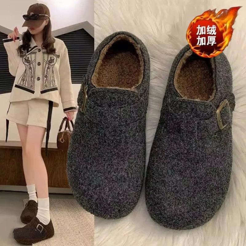 Women's Velvet Warm Flat Shoes Autumn and Winter Fluffy Shoes Lazy People Wear Cotton Shoes Outside