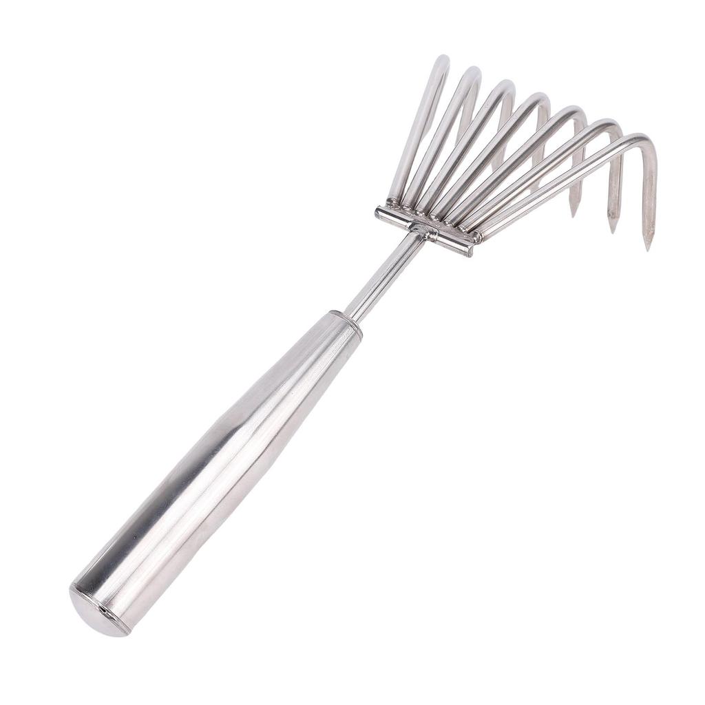 Stainless Steel Hand Rake Soil Tiller Small Beach Rake with Comfortable Handle 7 Sturdy Tines for Gardening Multi