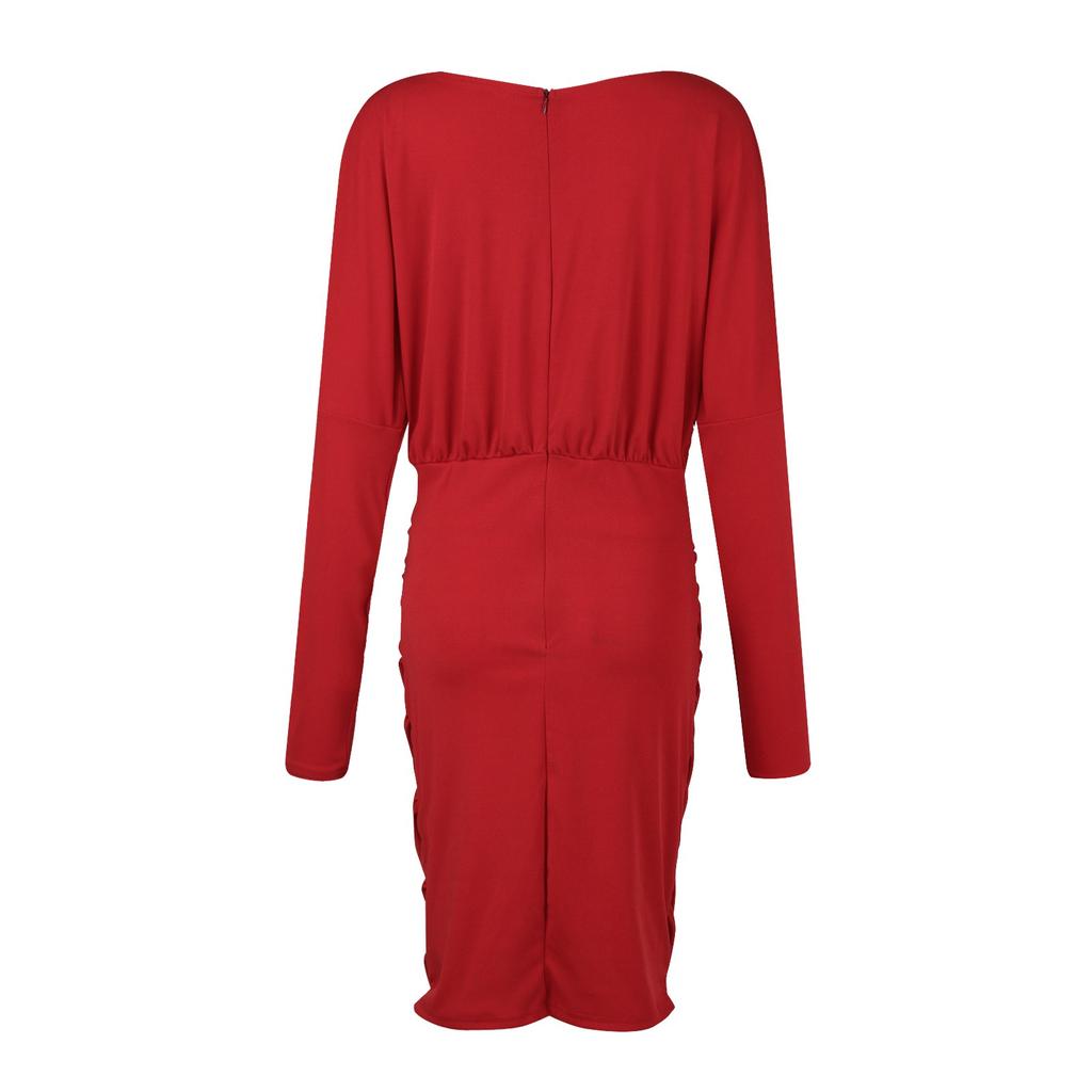 Women's Color Long Sleeve V-Neck Zipper Sexy Dress Waist Tight Dress