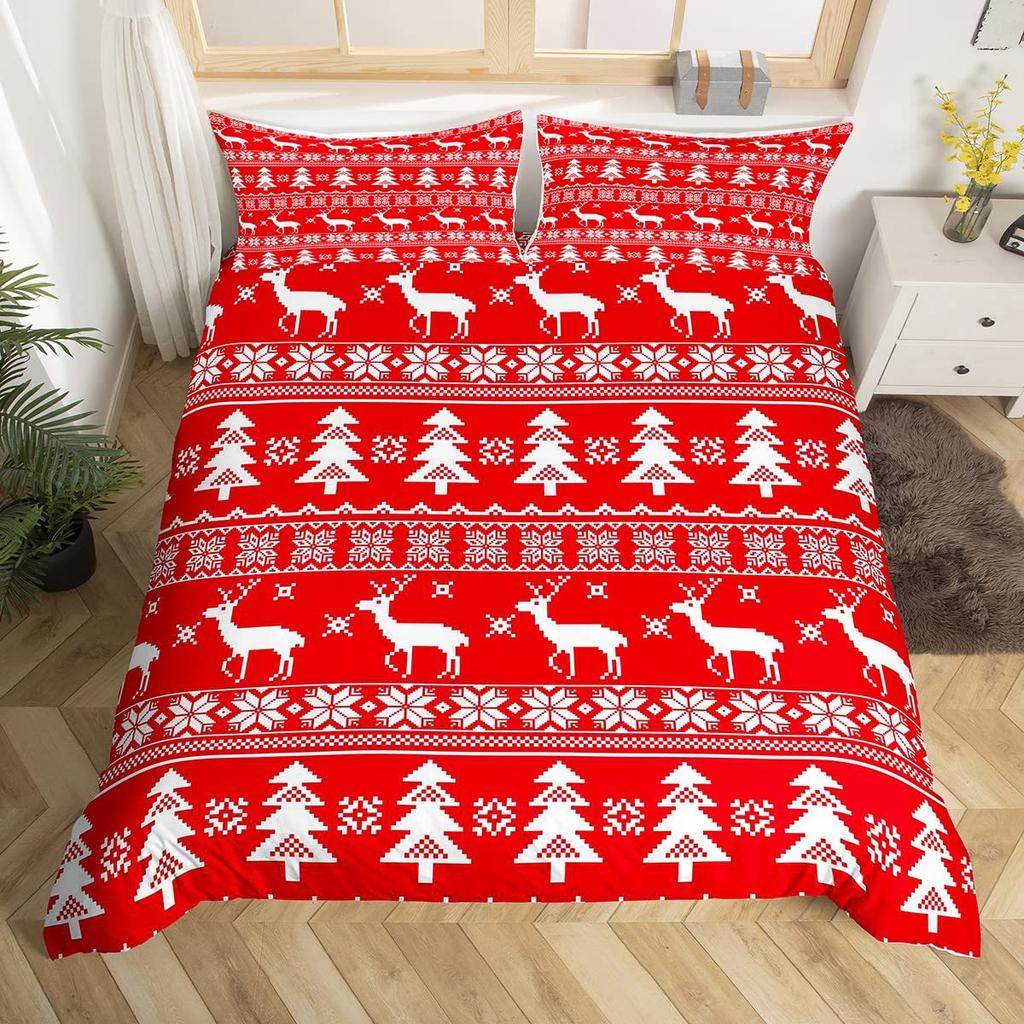 Christmas King Queen Duvet Cover Santa Claus Snowman Bedding Set Red Green Grid Checkered Quilt Cover Polyester Comforter Cover