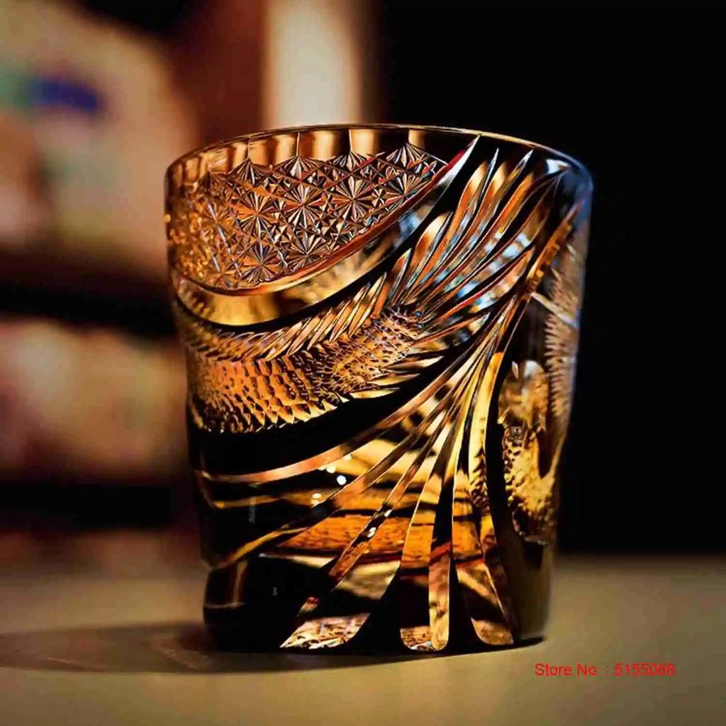 Dragon Edo Kiriko Glass Hand Cut Crystal Glass Chinese Loong Pattern Whisky Cup Black Color Top Quality Wineglass Premium Gift