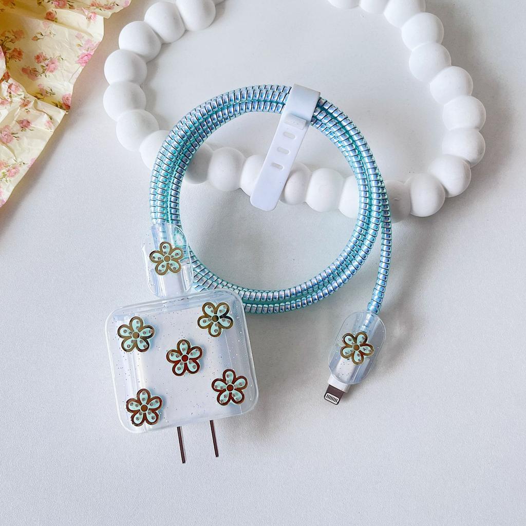 New flower data cable protective cover 14plus fast charging charging head 20w soft case is suitable for 11