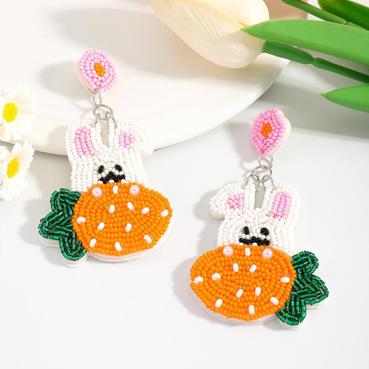Cartoon Rabbit Rice Bead Earrings Personality Trend Handwoven Carrot Earrings белый