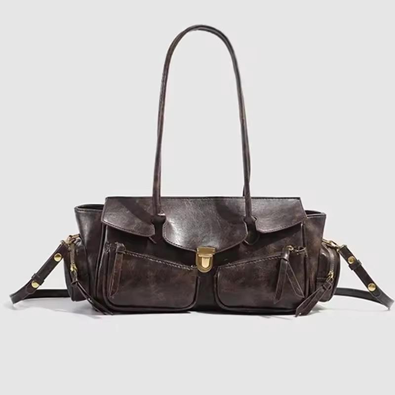 

Vintage Underarm Bag For Women Versatile Handbag Multi-pocket Motorcycle Bag Luxury Designer Leather Handbag кофейный
