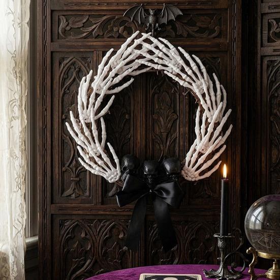 White Bone Garland Halloween Skeleton Hand Wreath for Front Door, Gothic Spooky Hanging Decoration Rattan with Black Bow And Skulls Door Wall Holiday