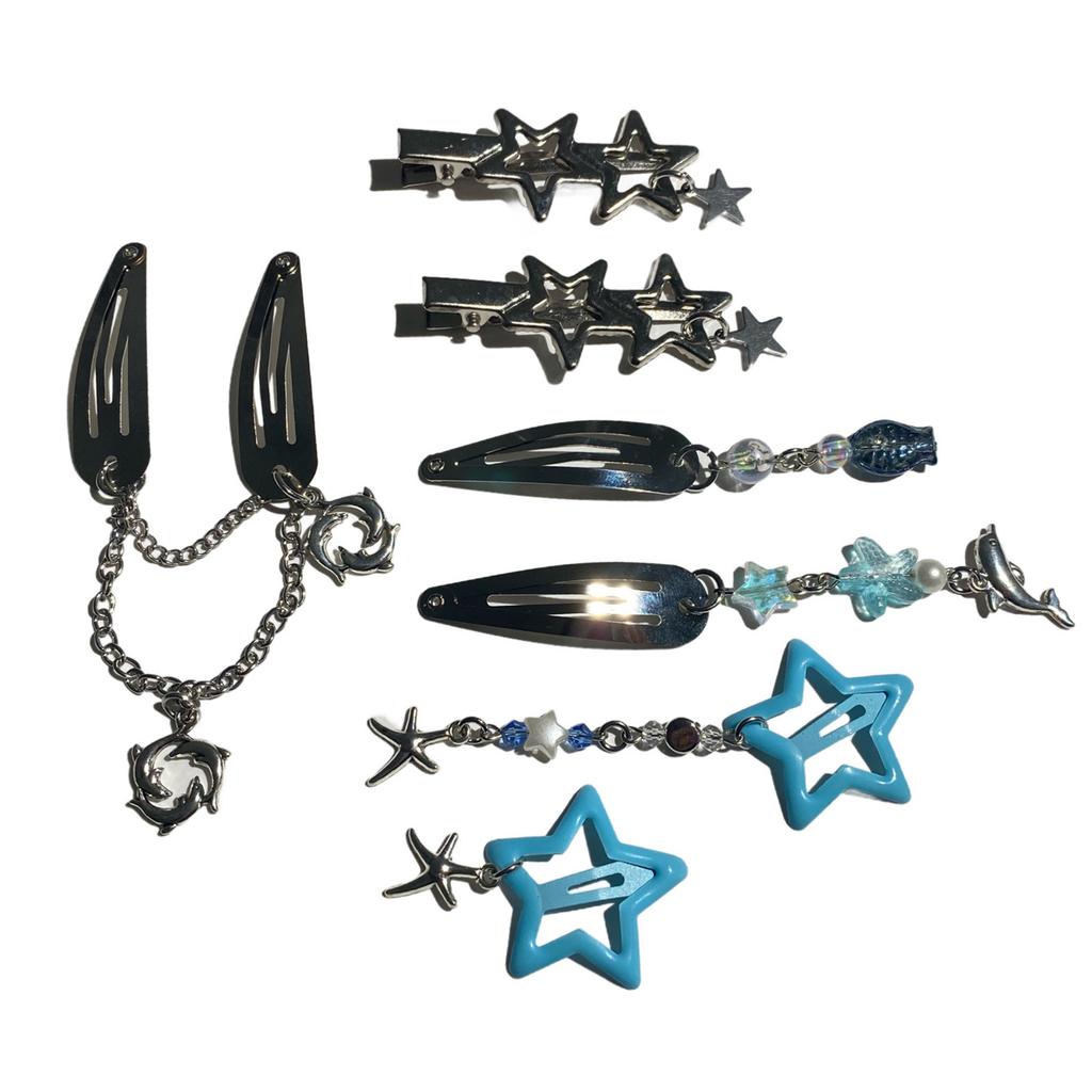 7pcs Fringed Chain Five Pointed Star Hair Clip Set Korean Hairpin Fashionable Hair Ornament Hair Styling Decorative Clip