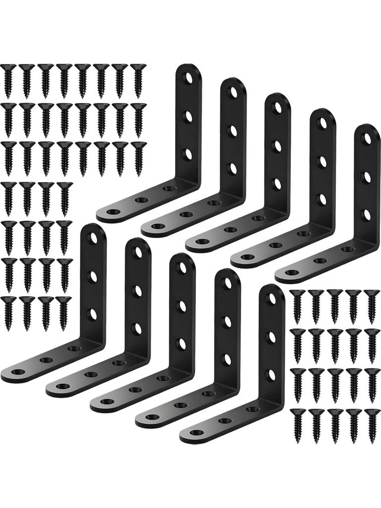 10Pcs Black Heavy Duty L Bracket 3.15 Inch, Stainless Steel 90° Right Angle Shelf Support with Screws for Floating Shelf Cabinet
