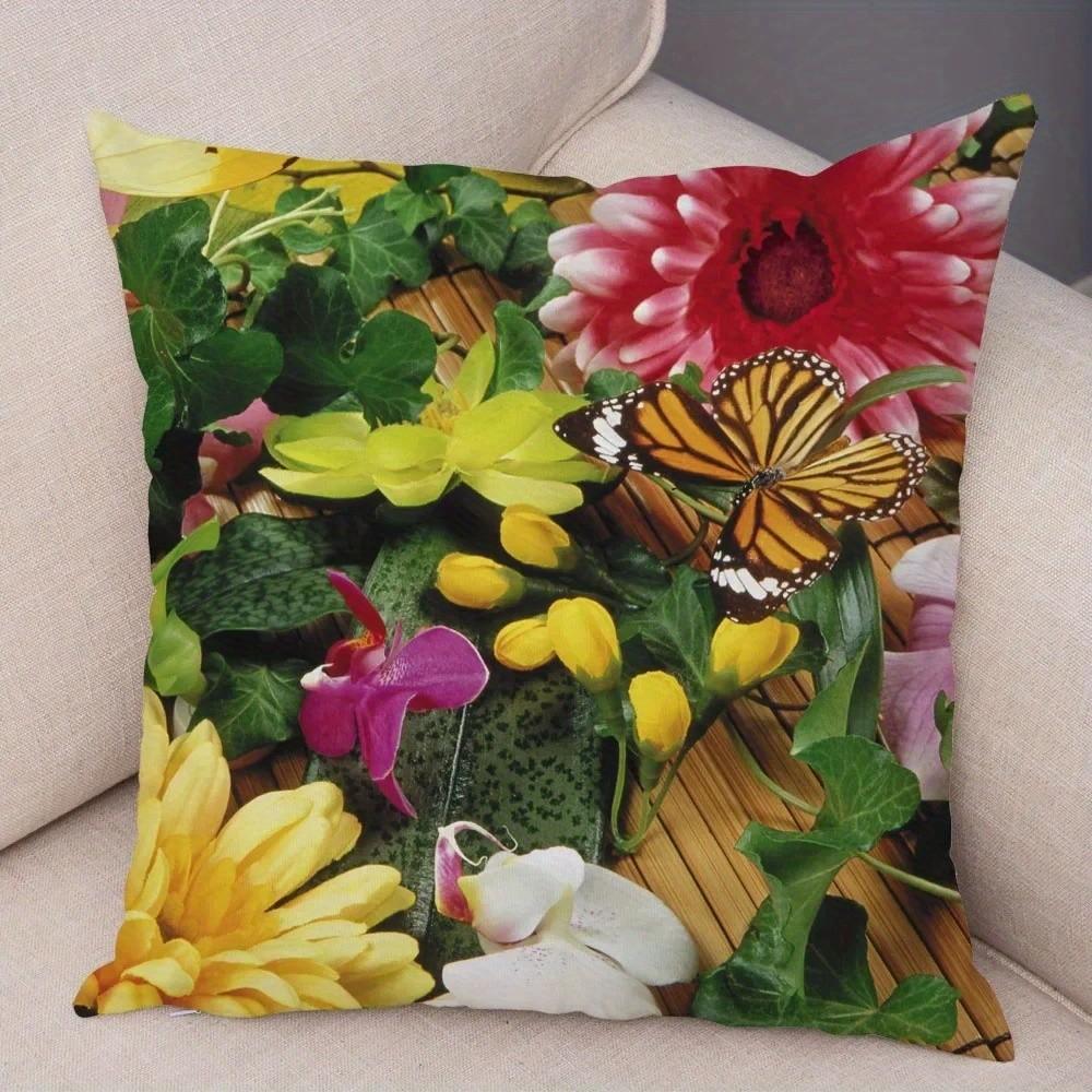 Colorful Butterflies And Blooming Flowers Pillow Pattern Cushion Cover Suitable For Sofa Bedroom Car Pillow Cover