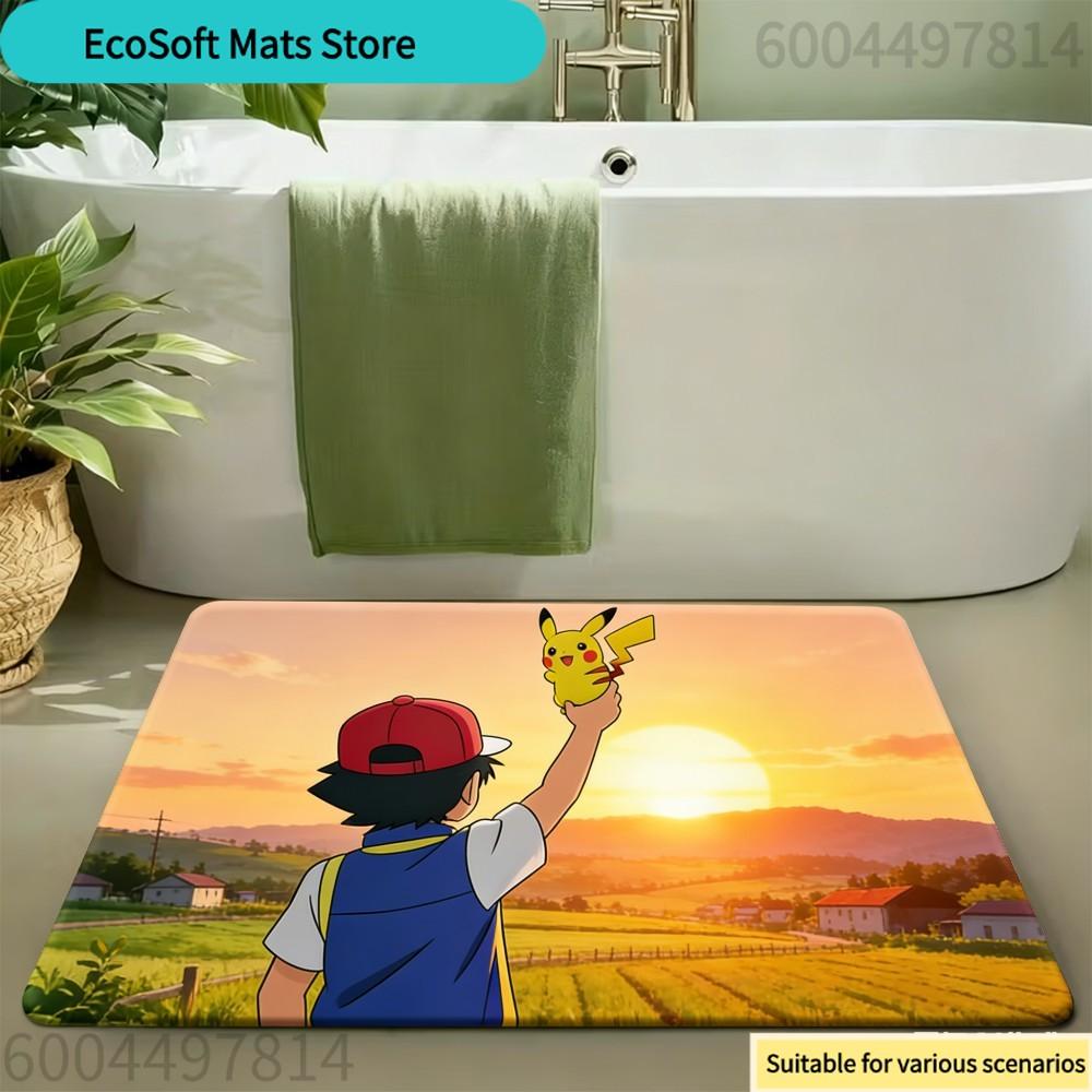 Pokemon Ash Ketchum Pikachu Hug Countryside Non-Slip Rubber Base Washable Cloth Surface Bath Mat 100cm x 120cm