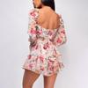 Women's Floral Print Square Neck Long Sleeve Jumpsuit with Zipper, Self-Tie Belt and Ruffle Hem
