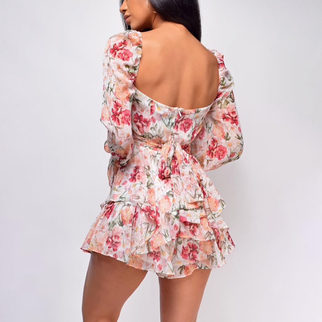 Women's Floral Print Square Neck Long Sleeve Jumpsuit with Zipper, Self-Tie Belt and Ruffle Hem