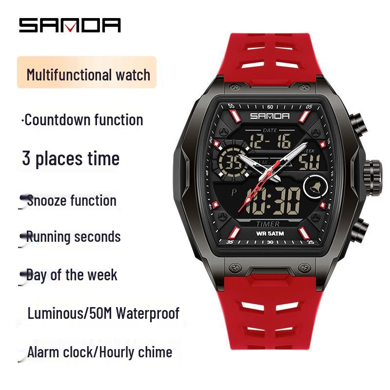 Sanda Dual Display Waterproof Barrel-Shaped Electronic Watch with Alarm for Students and Parties