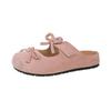 College style one pedal double bow half slippers new round head single shoes student suede flat slippers women