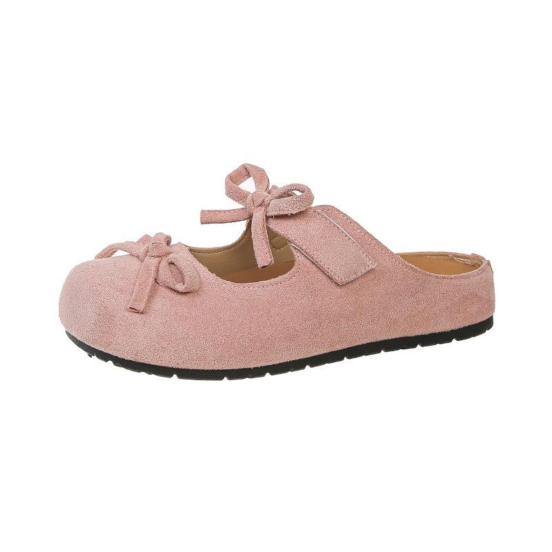 College style one pedal double bow half slippers new round head single shoes student suede flat slippers women