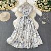 Sommer Damen Casual Kurzarm Umlegekragen Einreiher Lang Midi Print Partykleider mit Gürtel