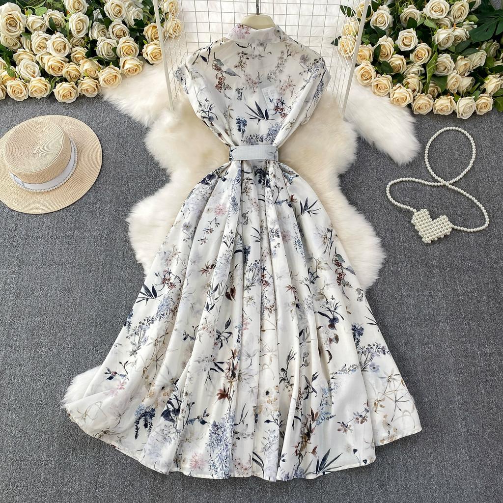 Sommer Damen Casual Kurzarm Umlegekragen Einreiher Lang Midi Print Partykleider mit Gürtel