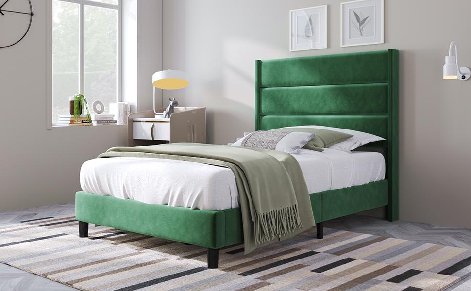 Stoppad säng 90 x 200 cm, Sängram med ribbotten & Huvudgavel, Sammetstygöverdrag i Mörkgrönt, Tidlös Modern Design, Ungdomssäng