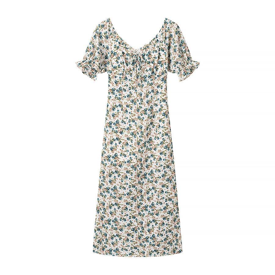 

2025 Floral Chiffon Puff Sleeve Dress – Gentle, Fairy-Style Korean Summer Maxi Medium