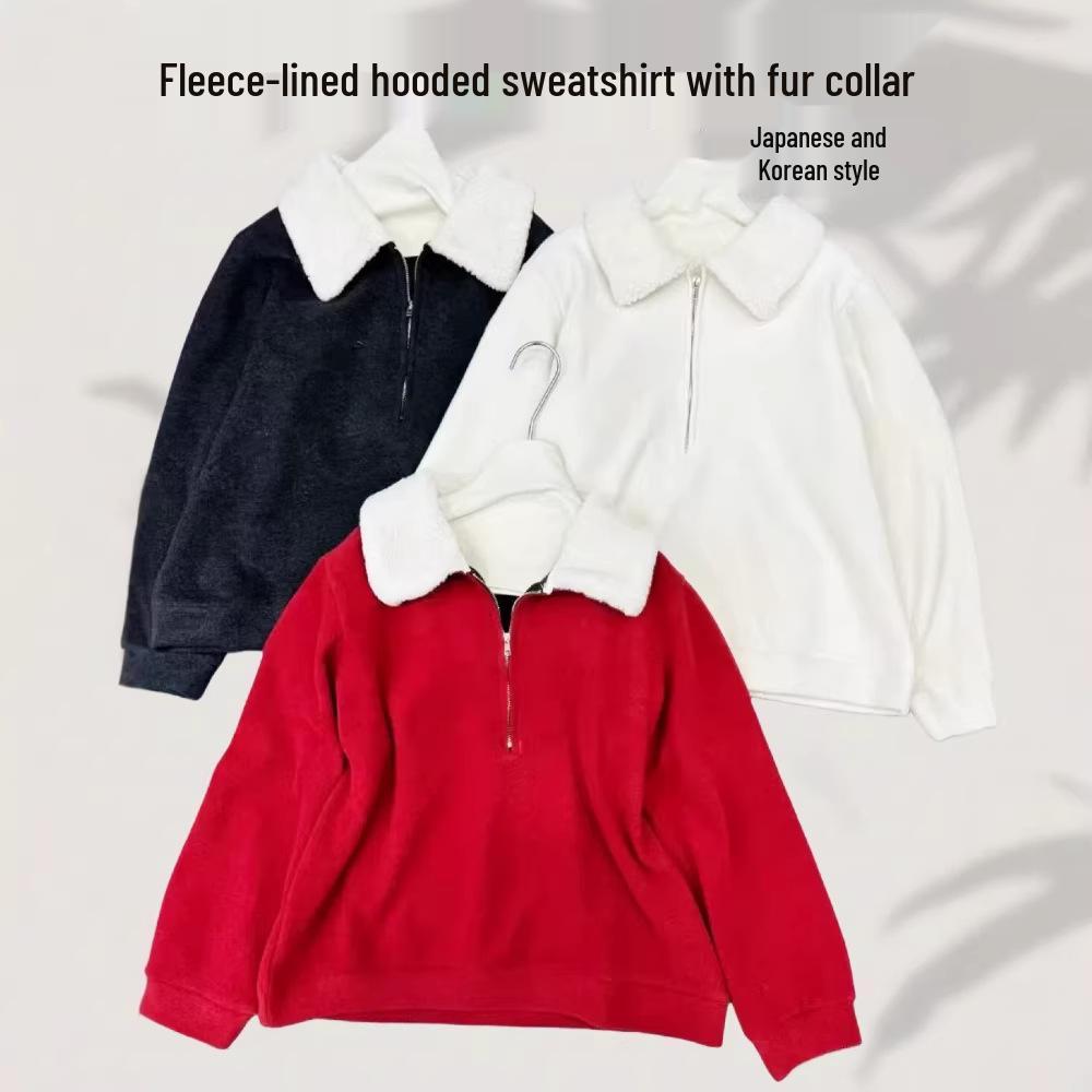 Korean Style Plus Size Women s Fur Collar Hoodie - Slimming, Loose Fit, Velvet Lined One Size (fits 120-180 cm) чёрный