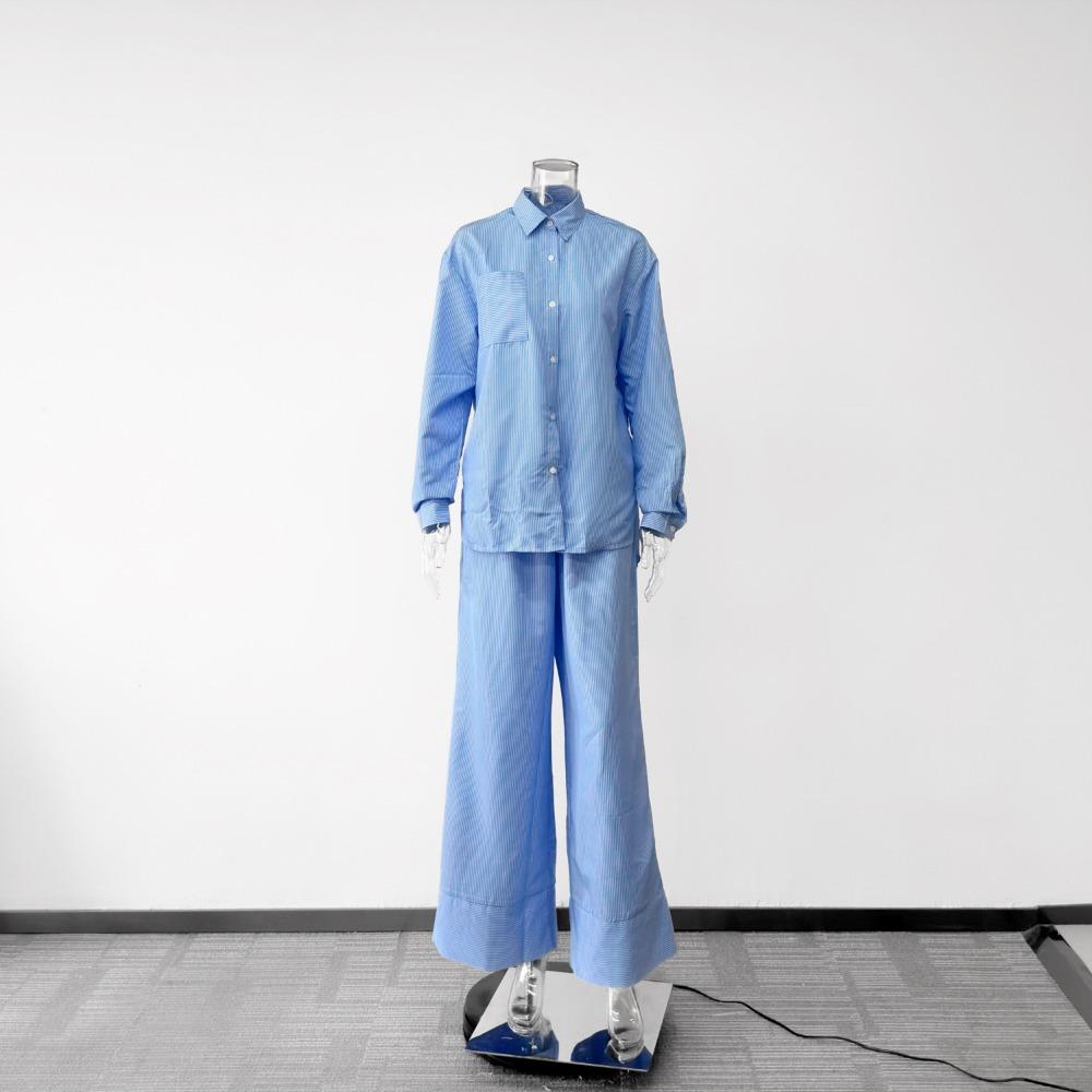 Women's Loose Fit Two Piece Outfit Long Sleeve Shirt Straight Waist Wide Leg Pants Stripe Print Urban Co-ord Set