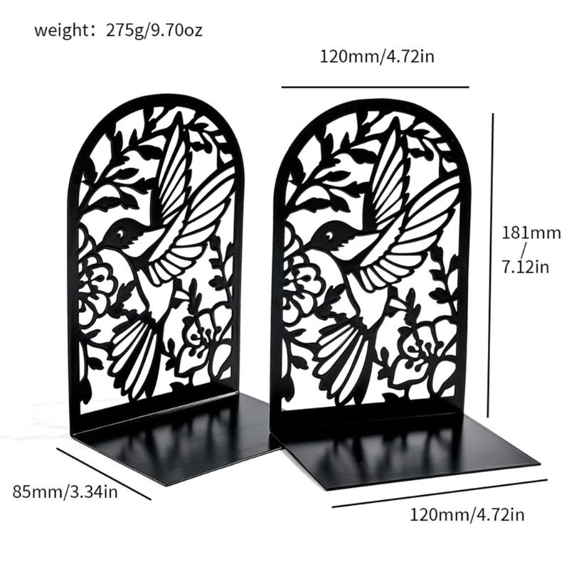 2Pcs Book Ends for Shelves Hollowed Bird Flower Metal Bookends Heavy Duty Book End Decorative Book Stoppers for Shelves
