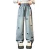 Girls High Waist Wide Leg Denim Pants with Rhinestone Bow Embellishments Loose Fit Straight Cut Casual Trousers for Kids