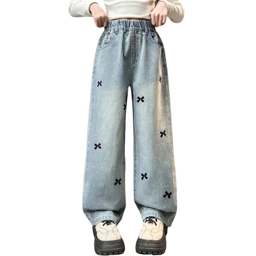 Girls High Waist Wide Leg Denim Pants with Rhinestone Bow Embellishments Loose Fit Straight Cut Casual Trousers for Kids