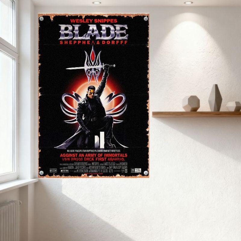 Blade Movie Poster Metal Tin Sign Wesley Snipes Black Leather Outfit Character Against Immortals Vintage Distressed Wall Decor F