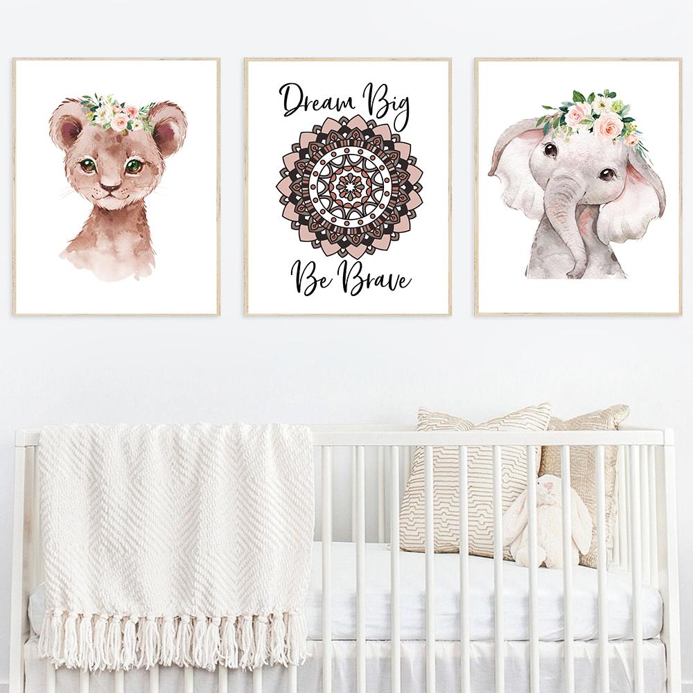 Lion Elephant Print Floral Boho Nursery Wall Art Dream Big Be Brave Canvas Painting Posters Cute Animal Kids Girls Bedroom Decor