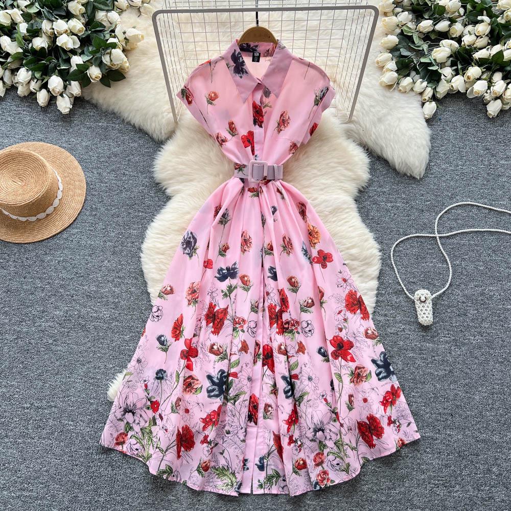 

French Fashion Waist-Cinching Polo Collar Short Sleeve Summer Dress for Women - Elegant Large Hem Print Design XXL розовый
