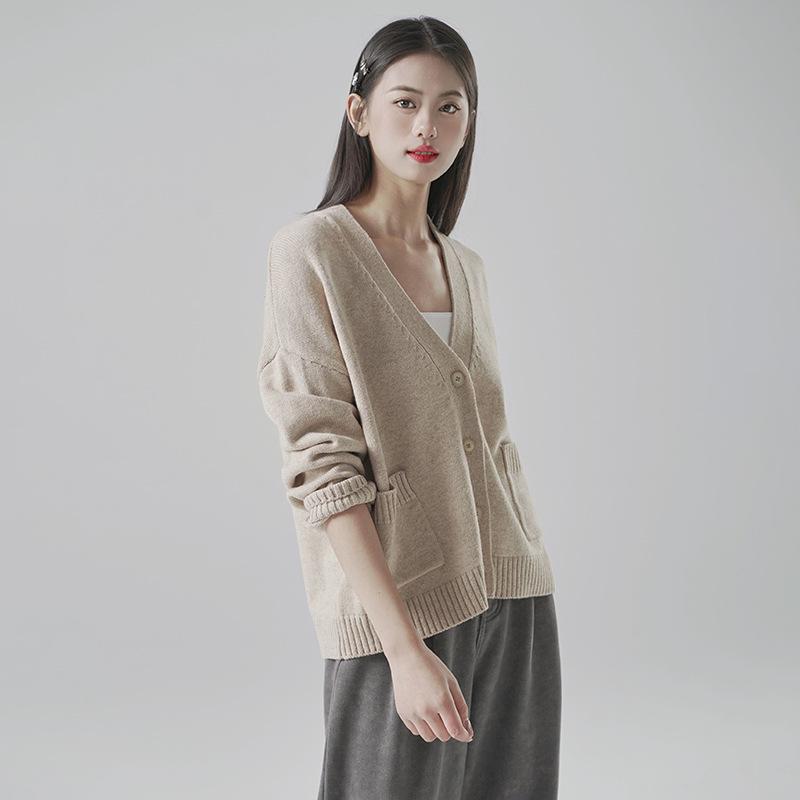 Spring 2025 V-neck Loose Knit Cardigan for Women - Casual, All-Match Sweater Jacket