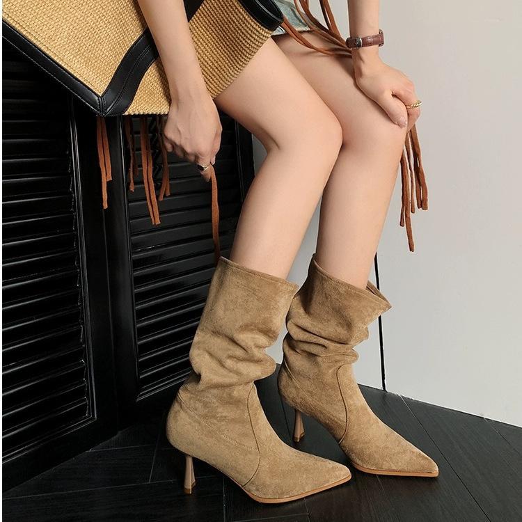 Pile medium boots thin short boots short boots thin heel high heel western thin apricot denim