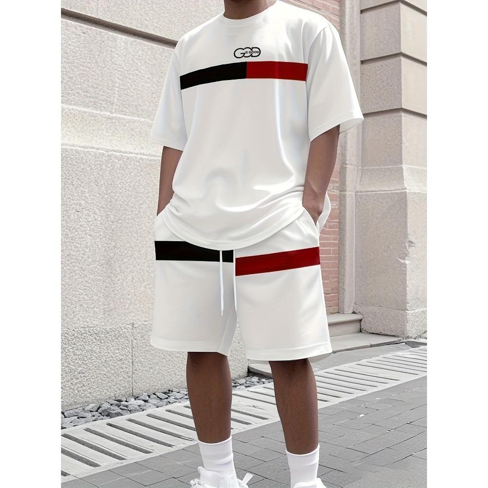 2026 New Arrived Pink Patchwork Men's T-shirts 2pcs Set Short Sleeve Crewneck Tshirt Shorts Street Style Tracksuits Mens Clothing