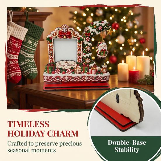 Wooden Craft Decor Christmas Photo Frame, 2D Picture Holder with Santa Snowman & Decorative Snowflake Pendant, Family Display Frame for Home