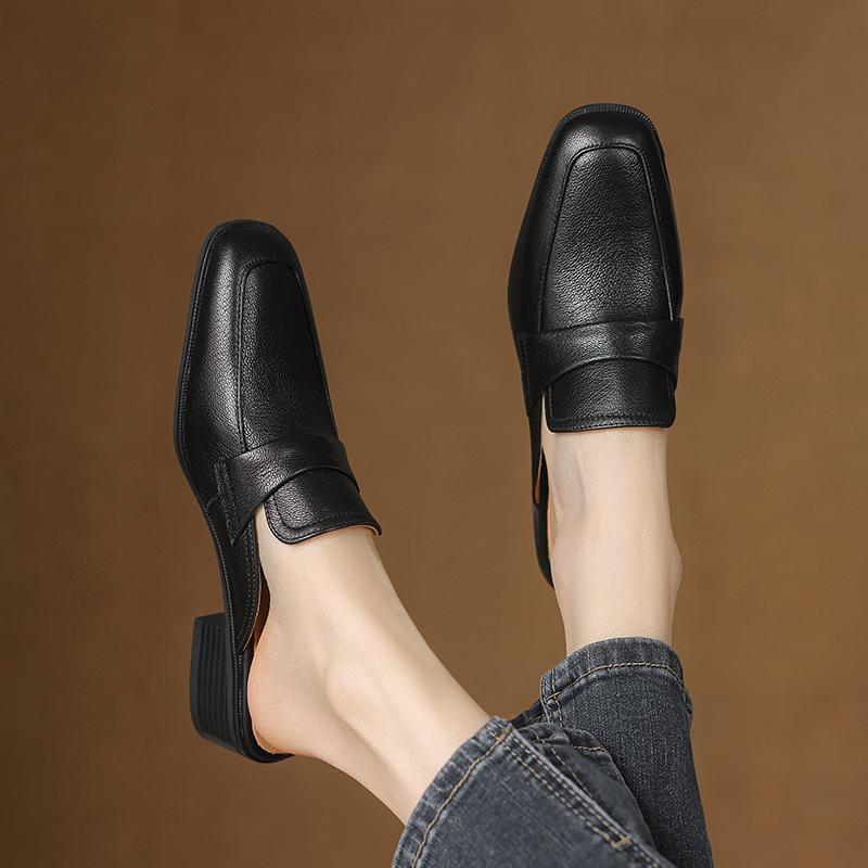Fashion 2025 Summer Covered Toe Genuine Leather Slippers Women Thick Heels Casual Mules Summer Daily Walk Sheepskin Leather Slippers