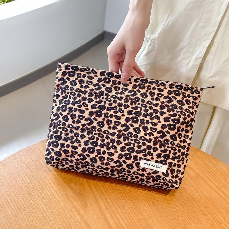 

Corduroy Fashion Leopard Print Cosmetic Bag for Womne Girl Portable Large Capacity Travel Toiletries Makeup Storage Bag Pouch