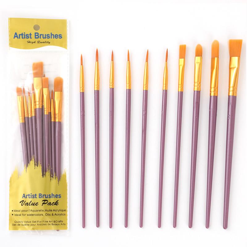 10Pcs/Set Multi-Functional Watercolor Brush Pearlescent Plastic Rod Nylon Hair Hook Line Gouache Oil Brush School Art Supplies