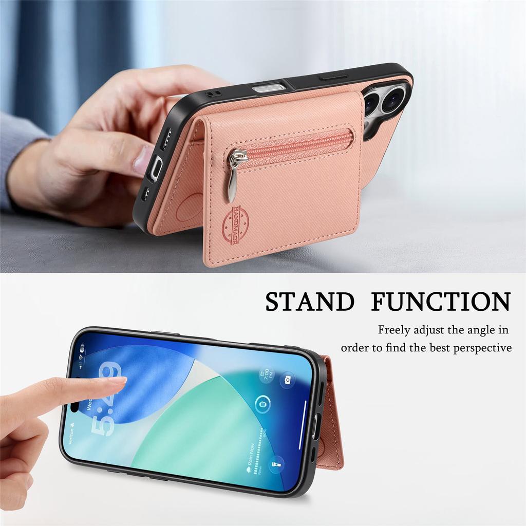 For iPhone 17 Pro Max Case Zipper Card Holder Kickstand Jeans Cloth Texture Leather Back Cover