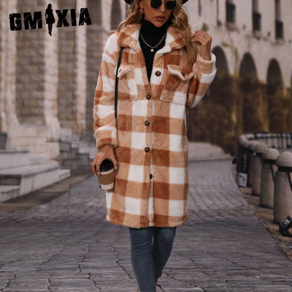 GMXIA Fashion Autumn and Winter Women's Lapel Long-sleeved Loose Checkered Single-breasted Long Plush Casual Coat
