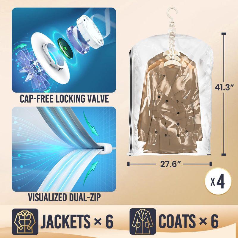 TAILI Hanging Vacuum Storage Bags 4pcs Space Saver Bags Clear Vacuum Sealer Bag for Clothing Suits and Jackets Closet Organizers