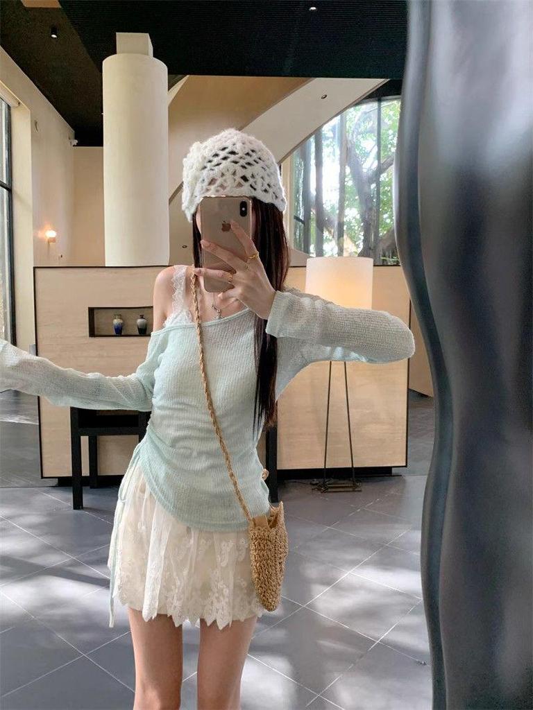 Damen Sommer 2025 Urlaubsstil Set: Spitzen-Camisole, Schulterfreier Kordelzug-Cardigan mit dünnen langen Ärmeln zum Sonnenschutz